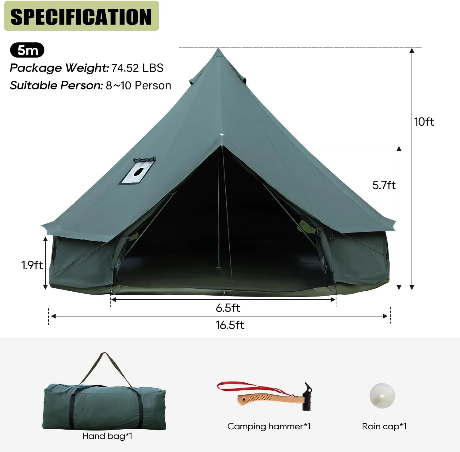 Luxury Cotton Bell Tent, Yurt Canvas Tent with Stove Jack, 4/6/8 Person Family 4 Season Camping