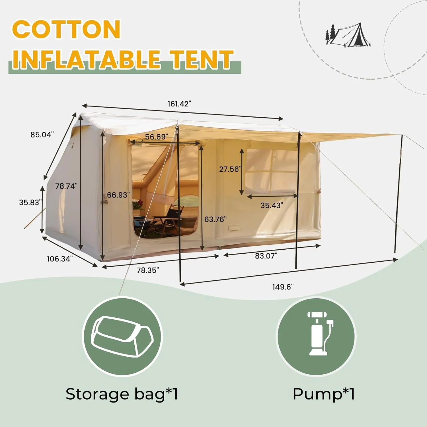 LVUYOYO Inflatable Camping Tent, 4 Season Glamping Tent with Mesh Windows, Waterproof Oxford Family Cabin Tents, Easy Setup Blow Up Tent for Person
