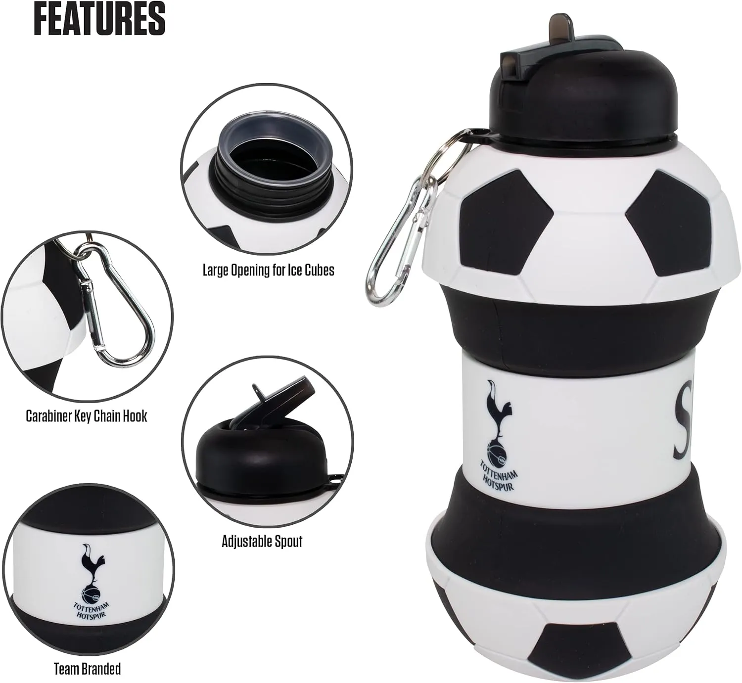 Maccabi ART Tottenham Clip-On Collapsible 1 Liter, 34 oz. size BPA-Free Silicone Soccert Large Water Bottle