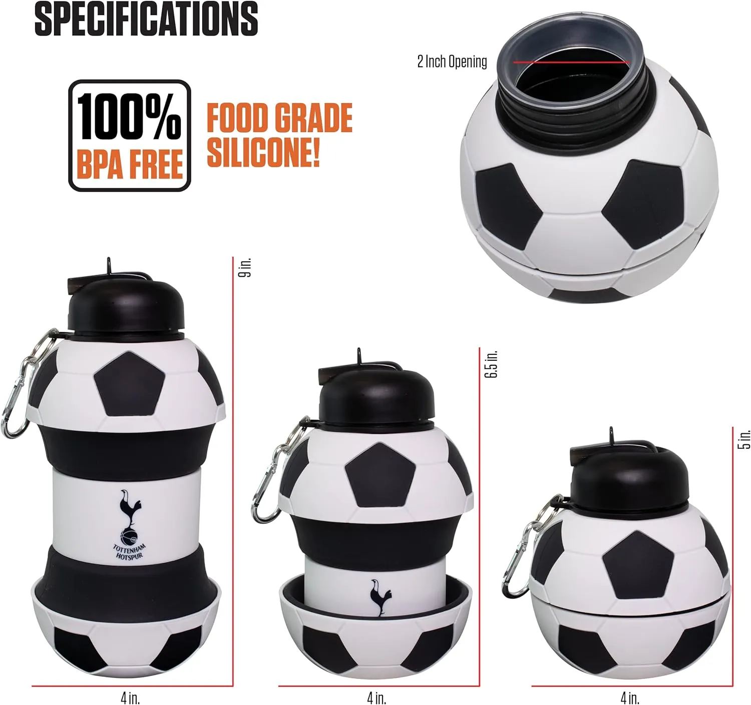 Maccabi ART Tottenham Clip-On Collapsible 1 Liter, 34 oz. size BPA-Free Silicone Soccert Large Water Bottle