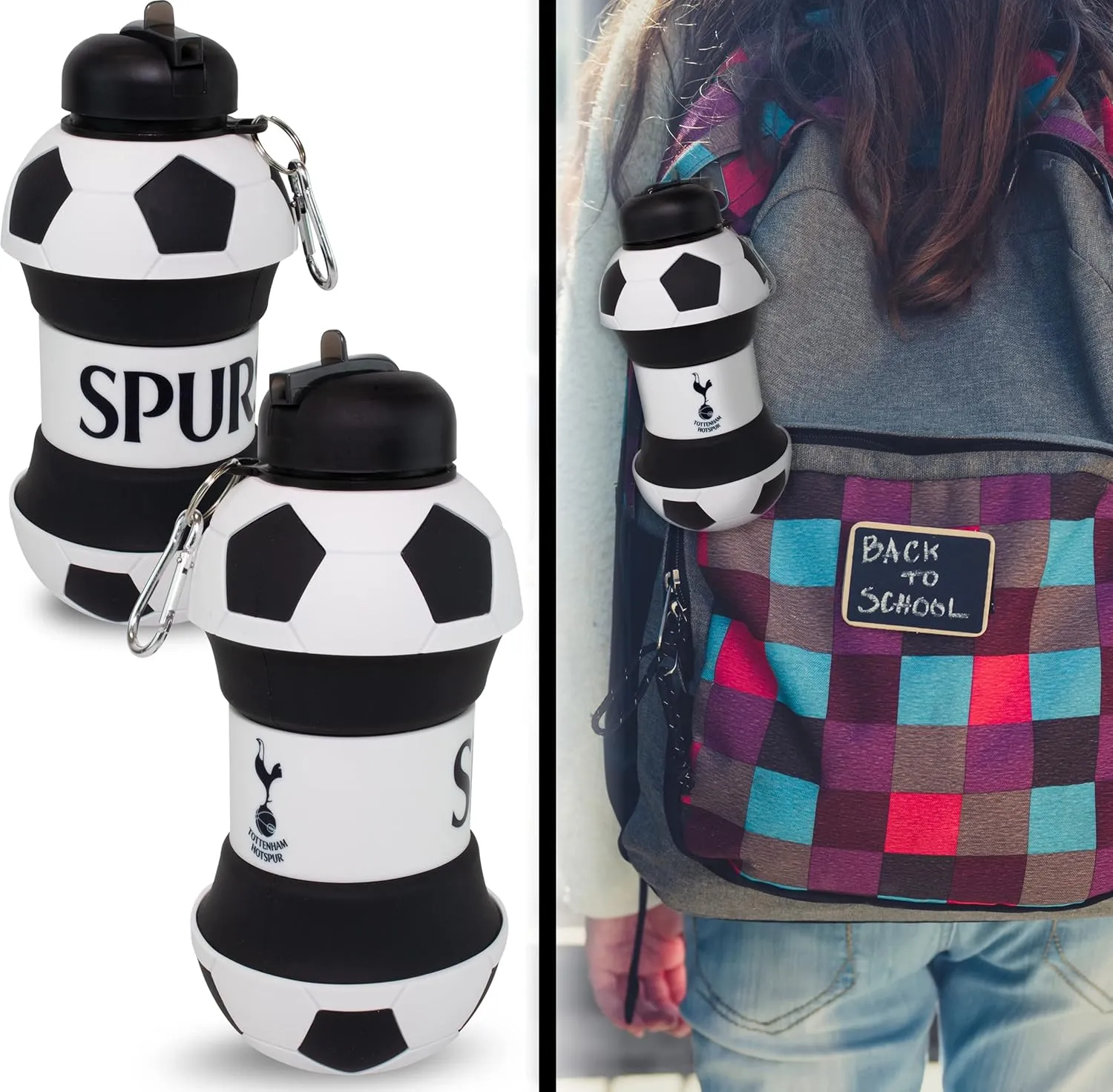 Maccabi ART Tottenham Clip-On Collapsible 1 Liter, 34 oz. size BPA-Free Silicone Soccert Large Water Bottle