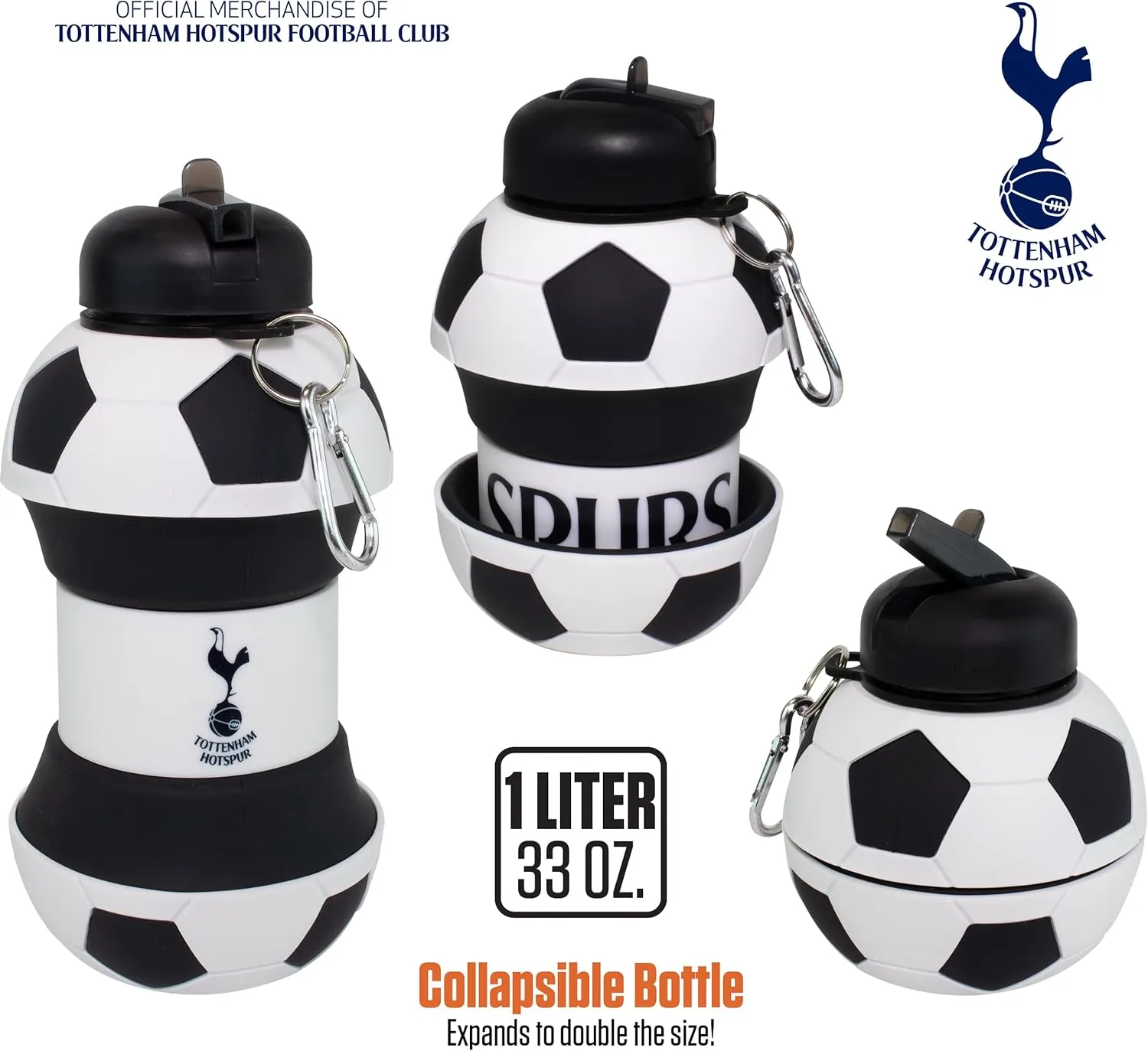 Maccabi ART Tottenham Clip-On Collapsible 1 Liter, 34 oz. size BPA-Free Silicone Soccert Large Water Bottle
