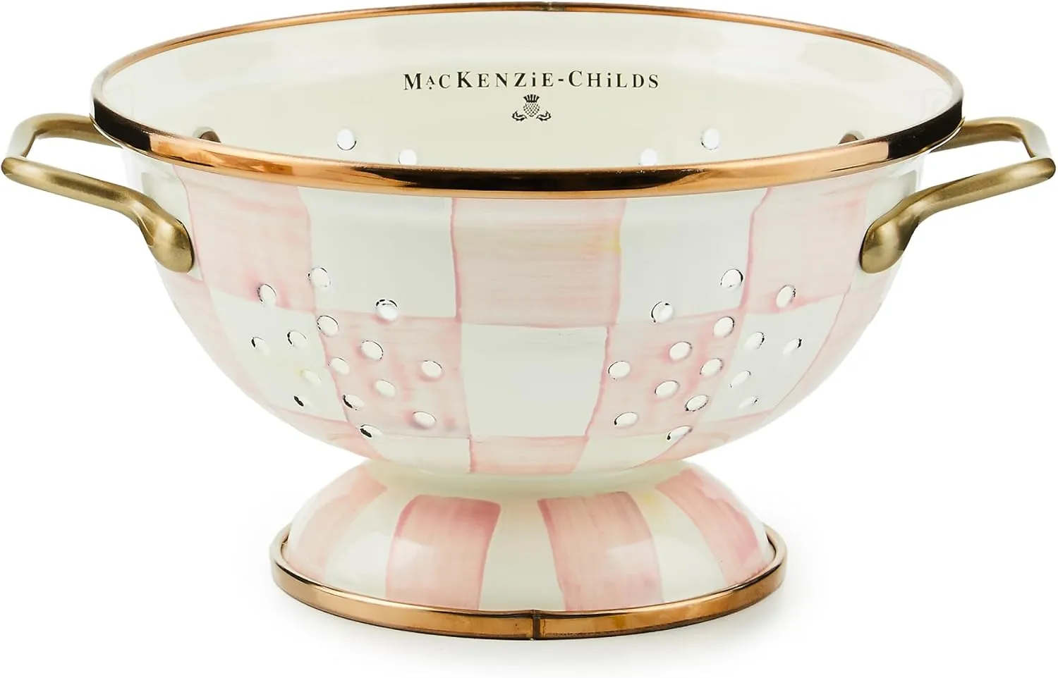MACKENZIE-CHILDS Enamel Colander, Decorative Kitchen Strainer, Small, Pink-and-White Rosy Check