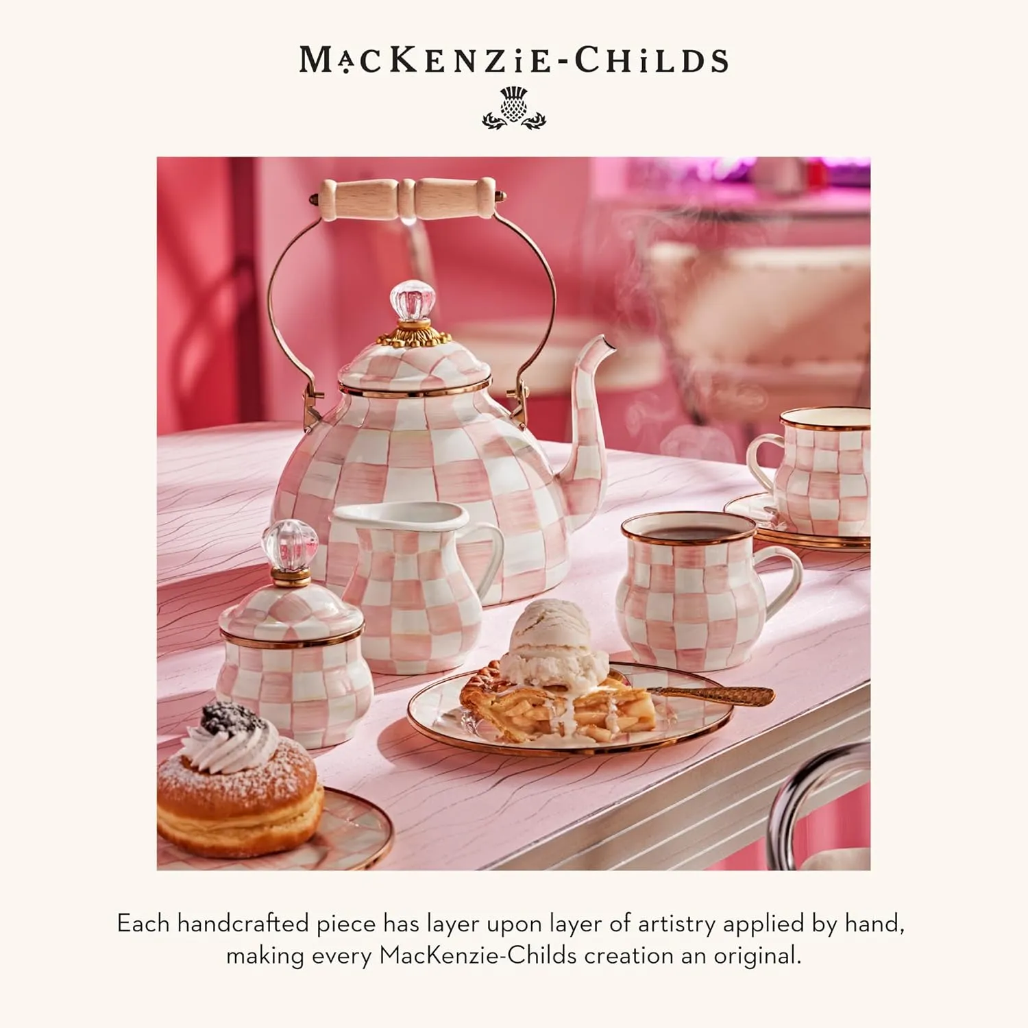 MACKENZIE-CHILDS Enamel Colander, Decorative Kitchen Strainer, Small, Pink-and-White Rosy Check