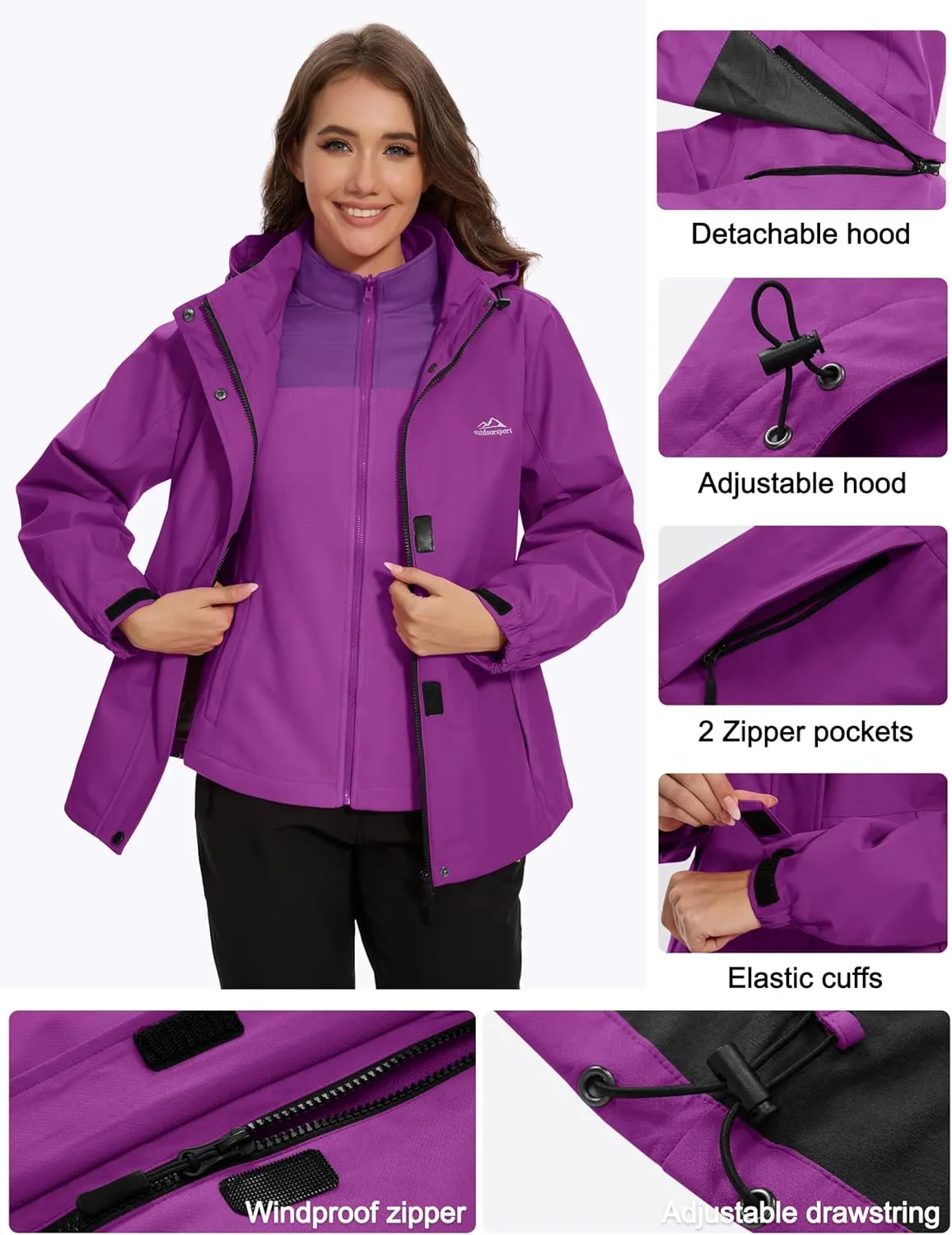 MAGCOMSEN Women's 3 in 1 Ski Jacket Water Resistant Winter Snow Coat Warm Fleece Lined Windproof Hiking Rain Outwear