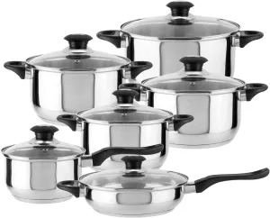 MAGEFESA Monterrey 12-Piece Cookware Set – Premium Stainless Steel Pots & Pans with Heat-Resistant Bakelite Handles, 6 Durable Glass Lids with Stainless Steel Rings & Steam Vents, Easy-Clean Design