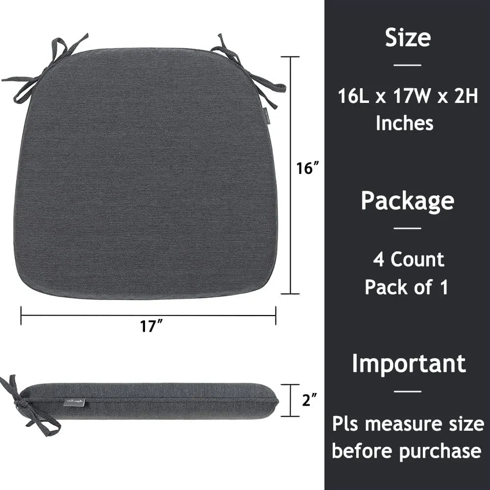 Magpie Fabrics 17"x16"x2" U-Shape Chair Cushions with Ties 4 Count, Outdoor Indoor Waterproof All Weather Seat Pads Decoration for Patio Garden Dining Office - Dark Gray
