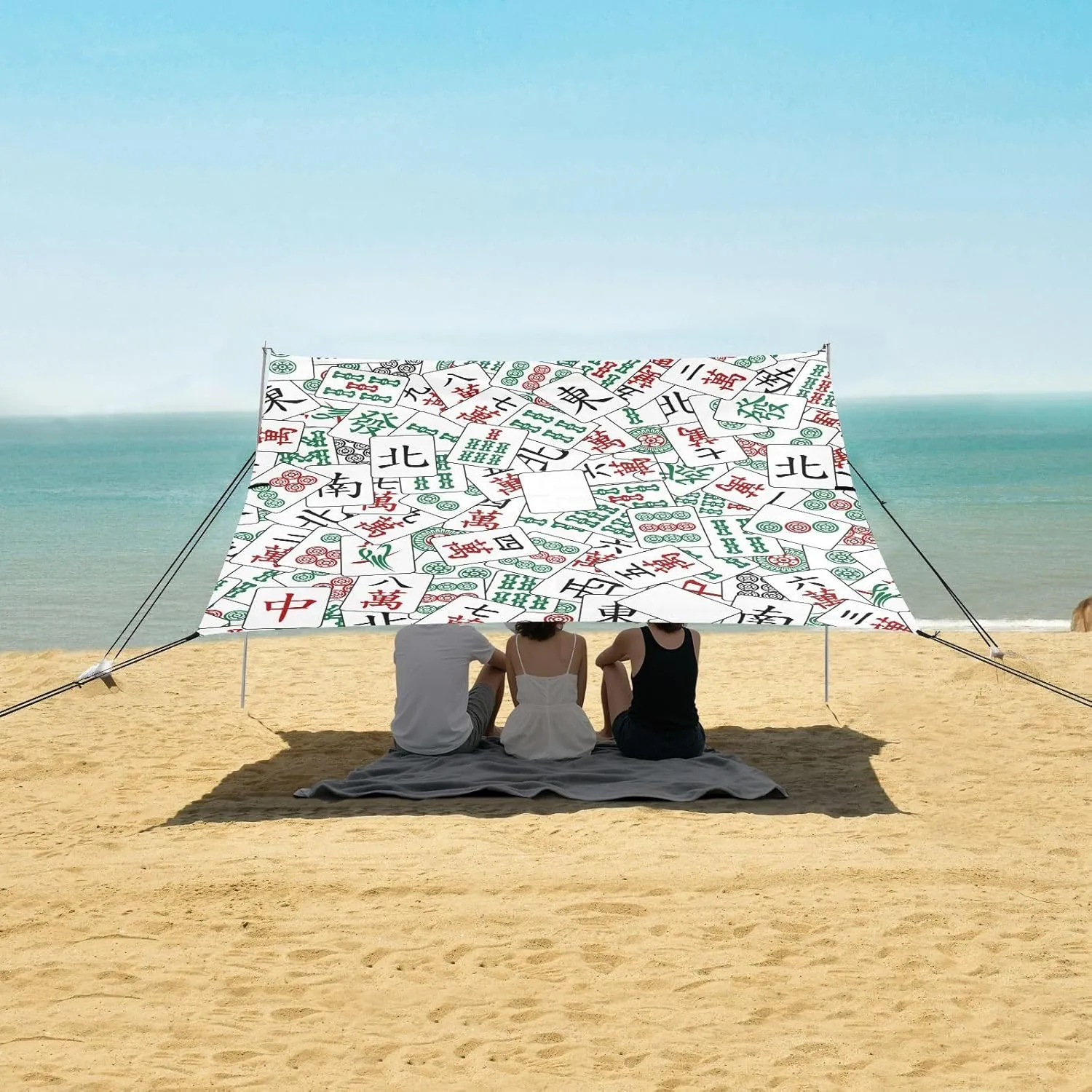 Mahjong Pattern Beach Canopy Tent Anti-UV & Wind Resistant, Chinese Majiang Camping Sun Shelter Easy Setup Portable,Outdoor Shade Tents with Sandbags,Sand Shovels,Ground Pegs & Stability Poles