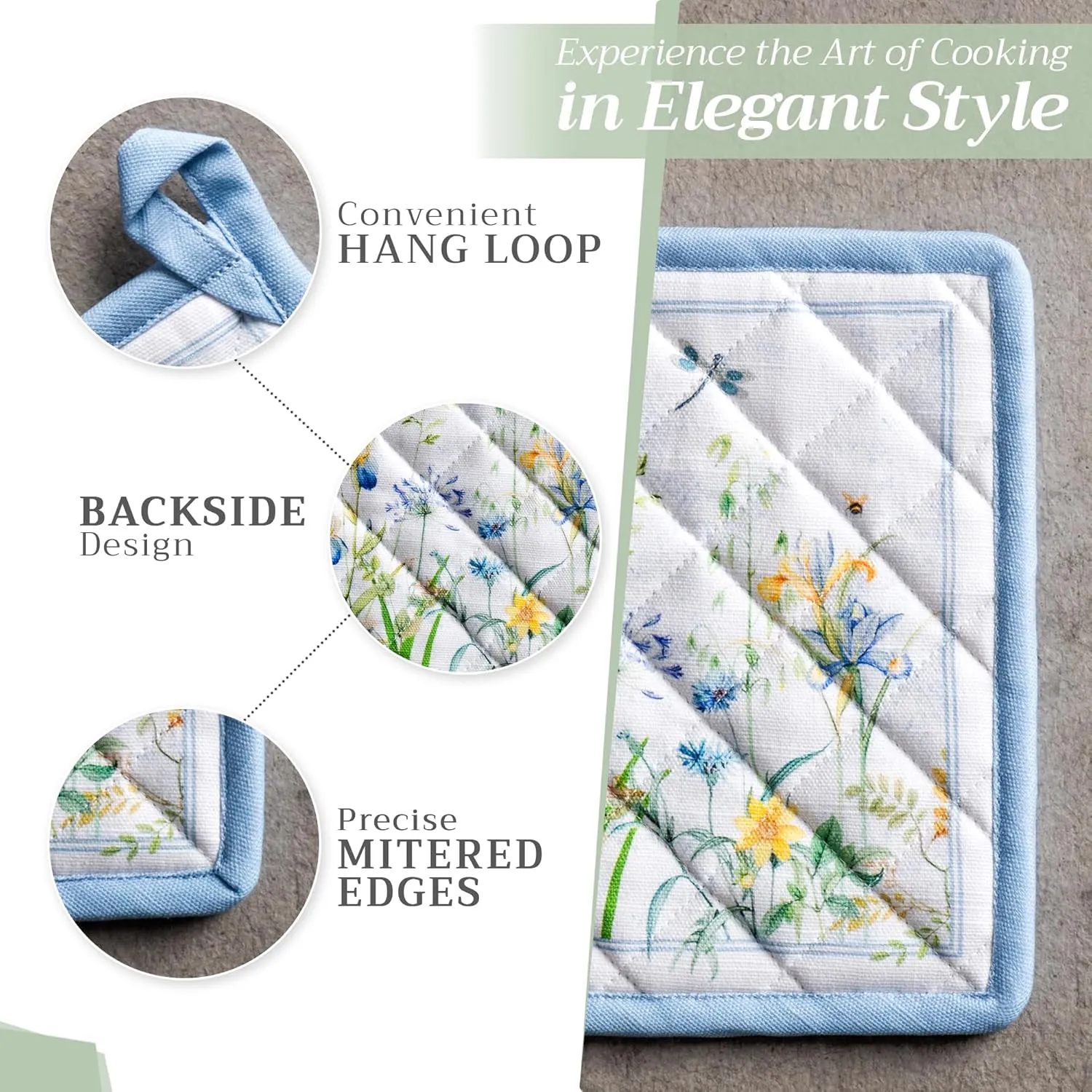 Maison d' Hermine 100% Cotton Oven Mitt & Pot Holder Set (7.5"x13" & 8"x8") Heat Resistant BBQ Cooking Gloves with Loop, Baking, Grilling, Kitchen, Handling Hot Pans Spring/Summer (Fleurs De Mai)