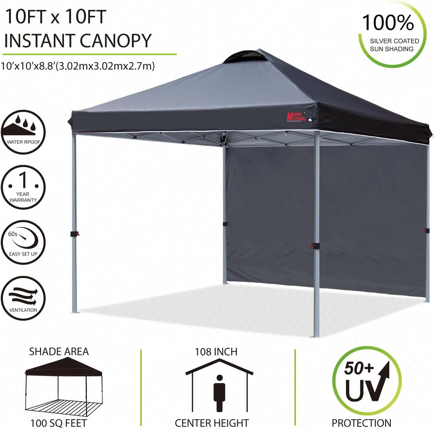MASTERCANOPY Durable Pop-up Canopy Tent with 1 Sidewall (10'x10',Black)