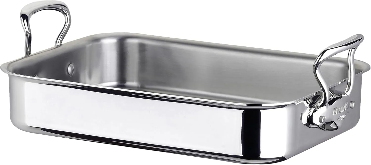 Mauviel M'Cook 5-Ply Polished Stainless Steel Roasting Pan with Cast Stainless Steel Handles, 13.7 x 9.8-in, Made in France