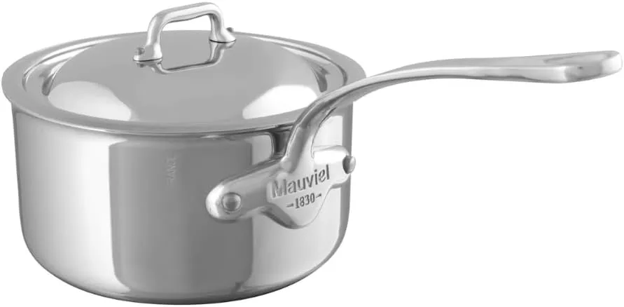 Mauviel M'Cook 5-Ply Polished Stainless Steel Sauce Pan With Lid, And Cast Stainless Steel Handle, 4.8-Qt, Made In France