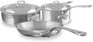 Mauviel M'Elite 5-Ply Hammered Polished Stainless Steel 5-Piece Cookware Set With Curved Lid, Cast Stainless Steel Handles, Made In France