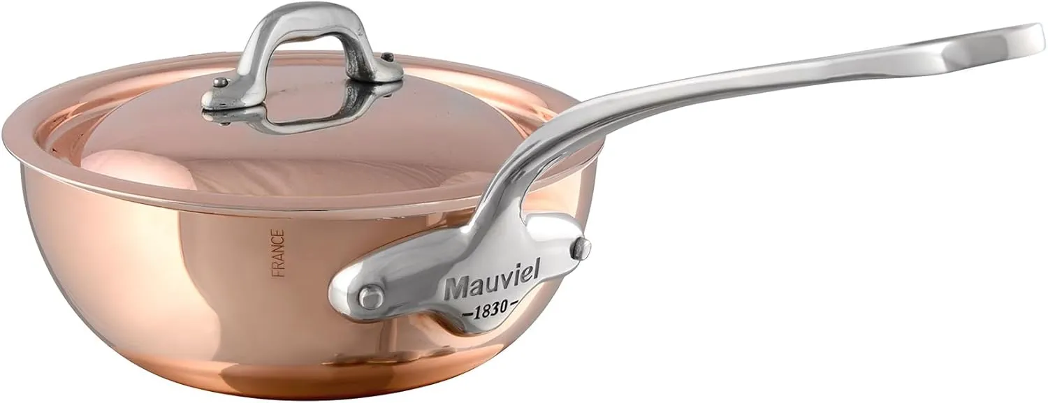 Mauviel M'Heritage 150 S 1.5mm Polished Copper & Stainless Steel Chef Pan With Curved Lid, And Cast Stainless Steel Handle, 1.26-qt, Made In France
