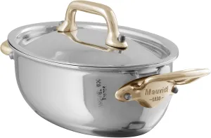 Mauviel M'Minis Stainless Steel Mini Stewpan With Brass Handles And Lid, And Cast Stainless Steel Handle, 4.72-in, Made in France