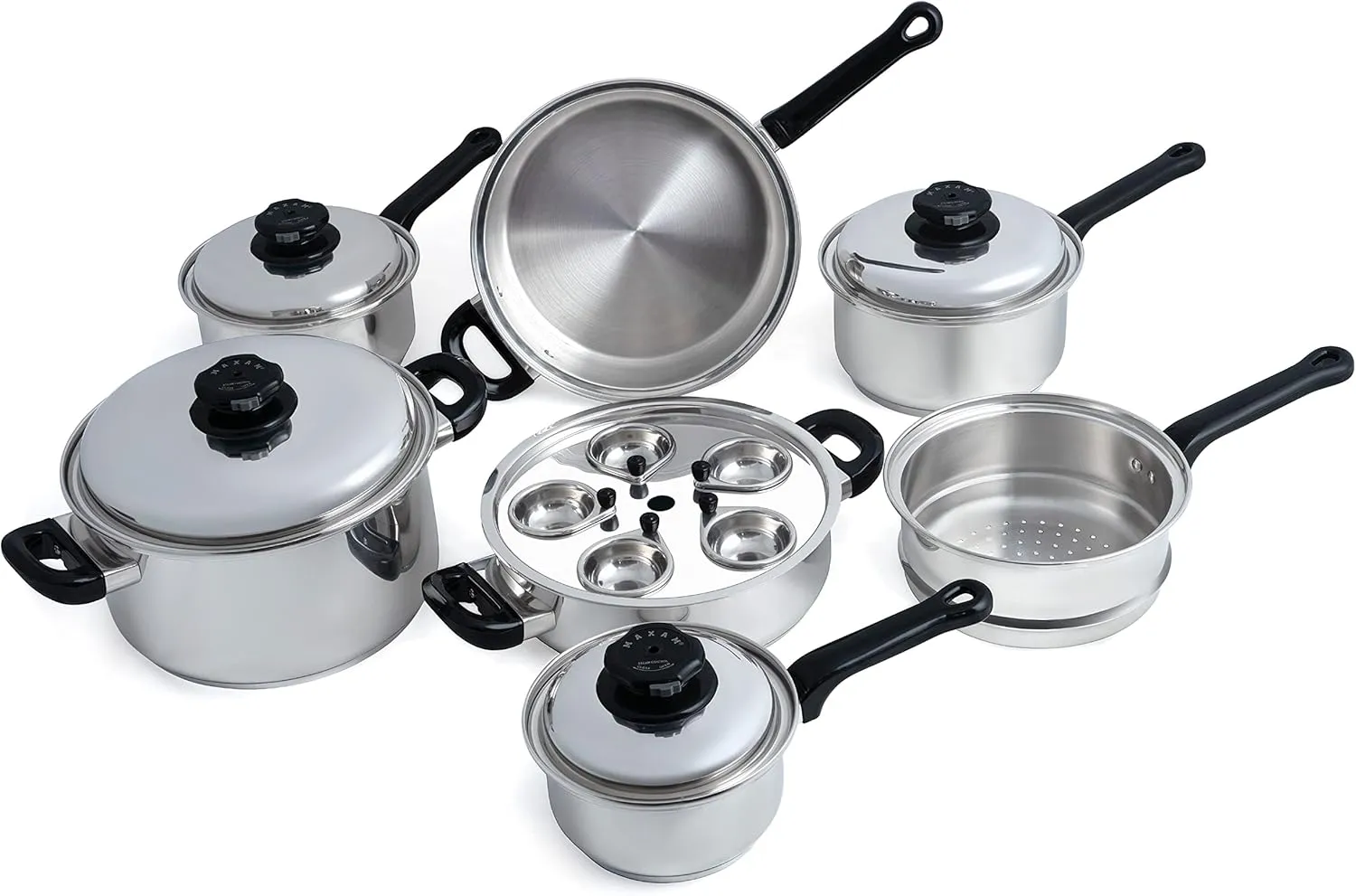 Maxam 9-Element Waterless Cookware Set, Durable Stainless Steel Construction with Heat and Cold Resistant Handles, 17-Pieces