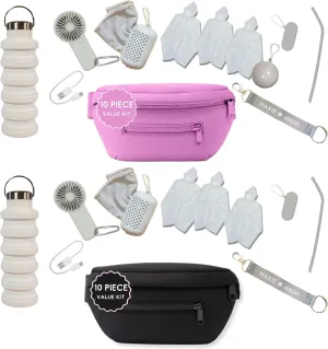 Maxie & Nova 20 Pcs Theme Park Essentials Kit (Two Each: Fanny Pack, USB Fan, Collapsable Water Bottle, Cooling Towel, Silicone Straw, 3 Disposable Rain Ponchos & Case, 1 Black & 1 Pink