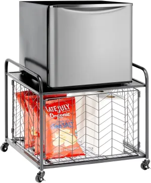 mDesign Small Portable Mini Fridge Storage Cart with Wheels and Handles - Mobile Refrigerator, Microwave, Appliance Platform Table with Drawer Basket for Dorm Room, Studio, Apartments - Black