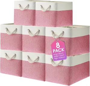 meekoo 8 Pack Collapsible Storage Bins Fabric Storage Bins Polyester Fabric Baskets with Handles Linen Closet Organizer for Shelf Home Closet Towels Toys(15 x 11 x 9.5 in,Pink White)