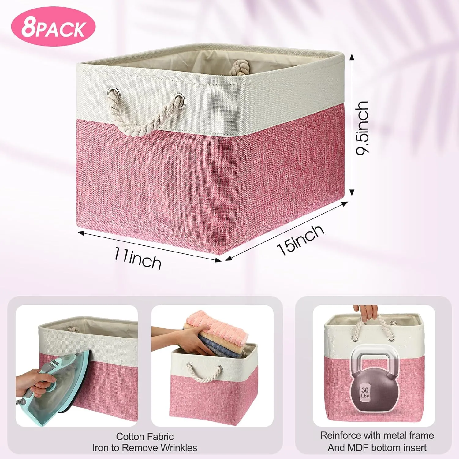 meekoo 8 Pack Collapsible Storage Bins Fabric Storage Bins Polyester Fabric Baskets with Handles Linen Closet Organizer for Shelf Home Closet Towels Toys(15 x 11 x 9.5 in,Pink White)