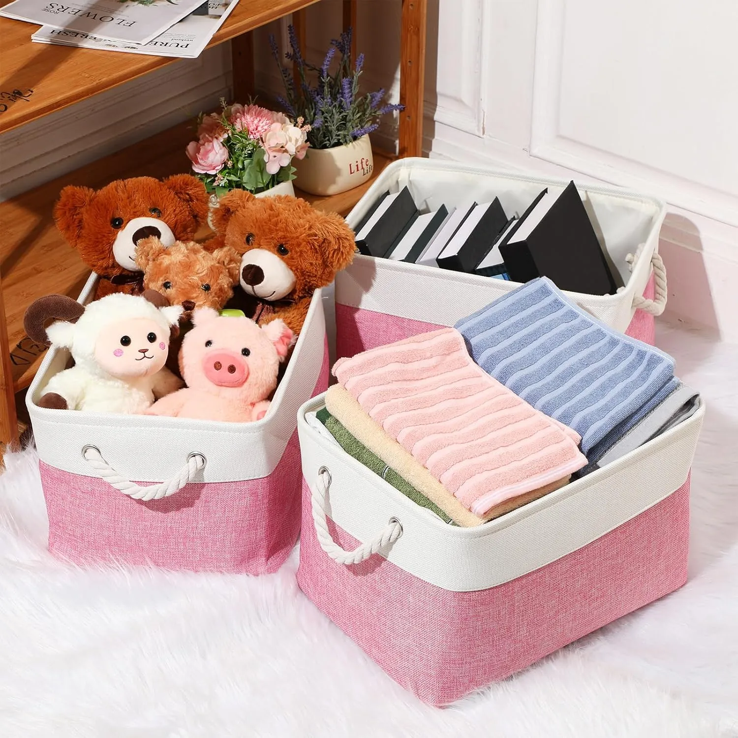 meekoo 8 Pack Collapsible Storage Bins Fabric Storage Bins Polyester Fabric Baskets with Handles Linen Closet Organizer for Shelf Home Closet Towels Toys(15 x 11 x 9.5 in,Pink White)