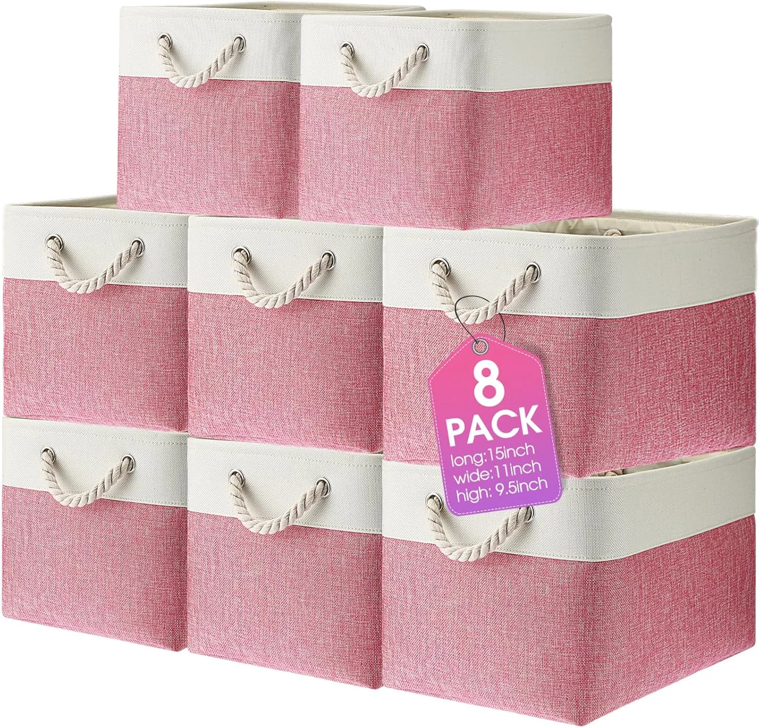 meekoo 8 Pack Collapsible Storage Bins Fabric Storage Bins Polyester Fabric Baskets with Handles Linen Closet Organizer for Shelf Home Closet Towels Toys(15 x 11 x 9.5 in,Pink White)