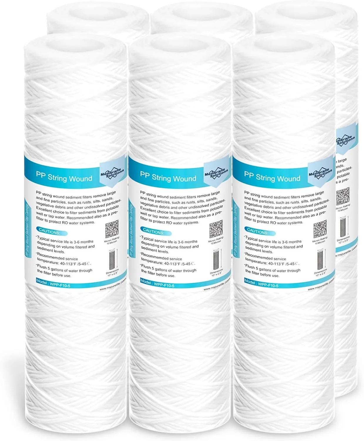Membrane Solutions 10 Micron 10"x2.5" String Wound Whole House Water Filter Replacement Cartridge Universal Sediment Filters for Well Water - 6 Pack