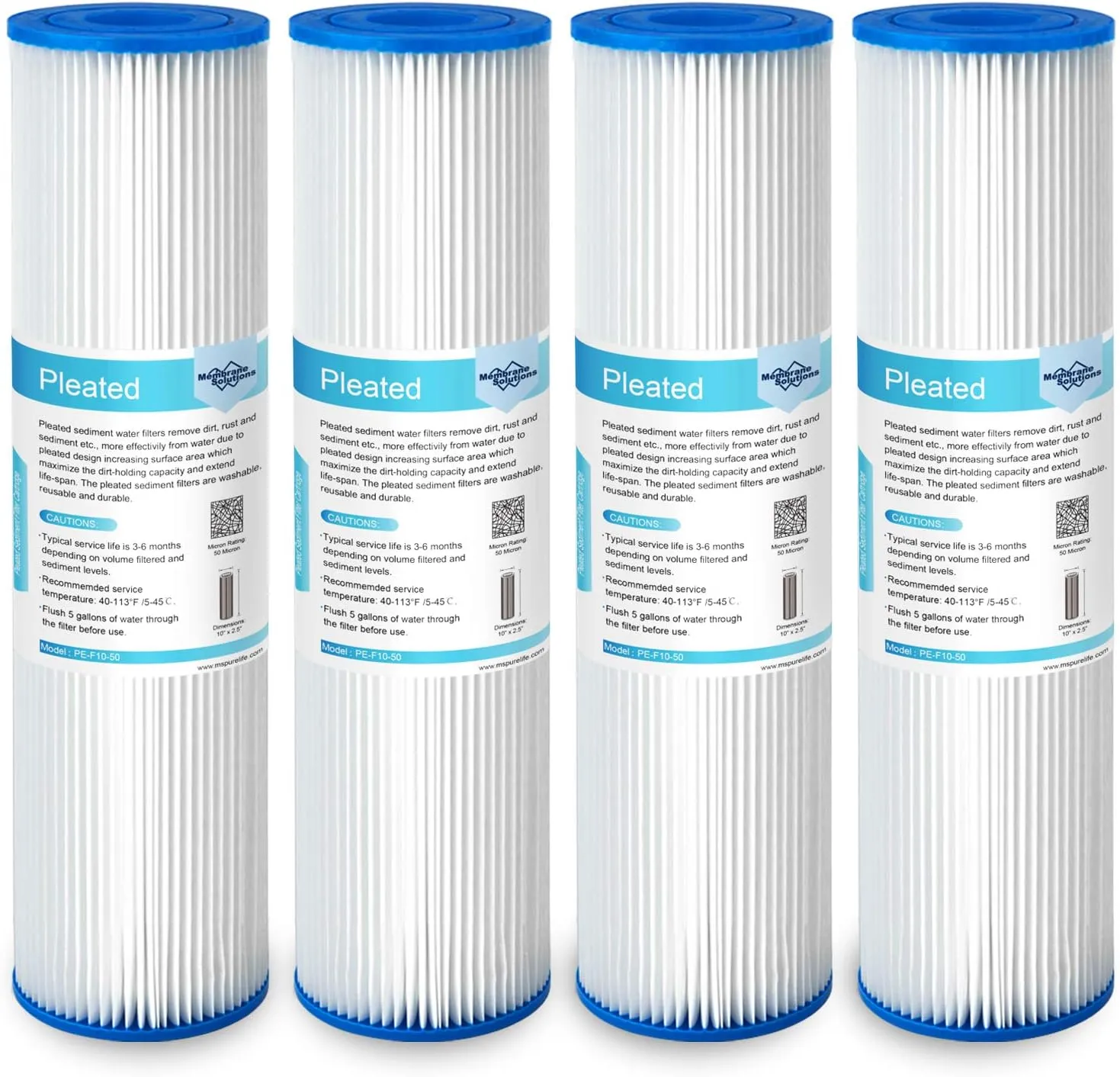Membrane Solutions 50 Micron Pleated Polyester Sediment Water Filter 10"x2.5" Replacement Cartridge Universal Whole House Pre-Filter Compatible with W50PE, WFPFC3002, SPC-25-1050, FM-50-975 - 4 Pack