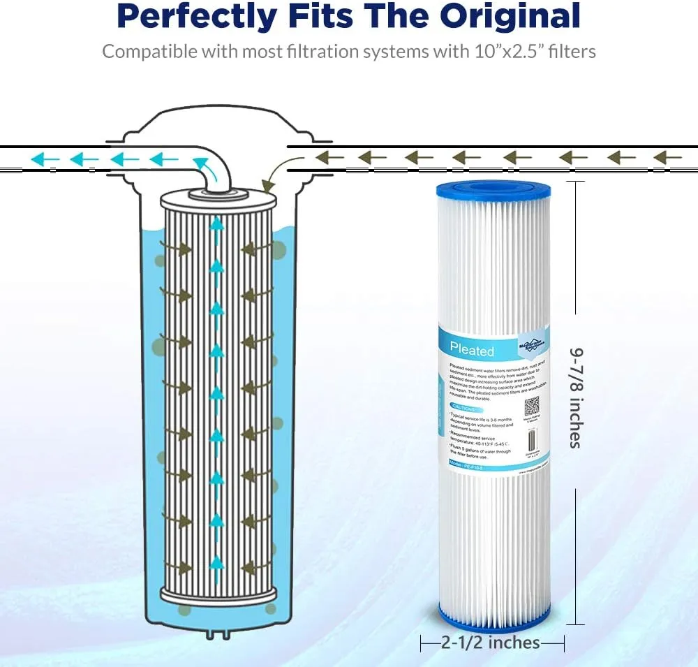 Membrane Solutions 50 Micron Pleated Polyester Sediment Water Filter 10"x2.5" Replacement Cartridge Universal Whole House Pre-Filter Compatible with W50PE, WFPFC3002, SPC-25-1050, FM-50-975 - 4 Pack