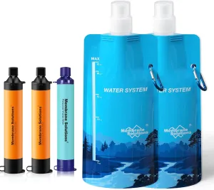Membrane Solutions Squeezable Water Filtration System, Survival Water Purifier Kit, Portable Backpacking Gear Including Water Filter Straw and 23oz Collapsible Bottle for Hiking Camping Travel(3 2)