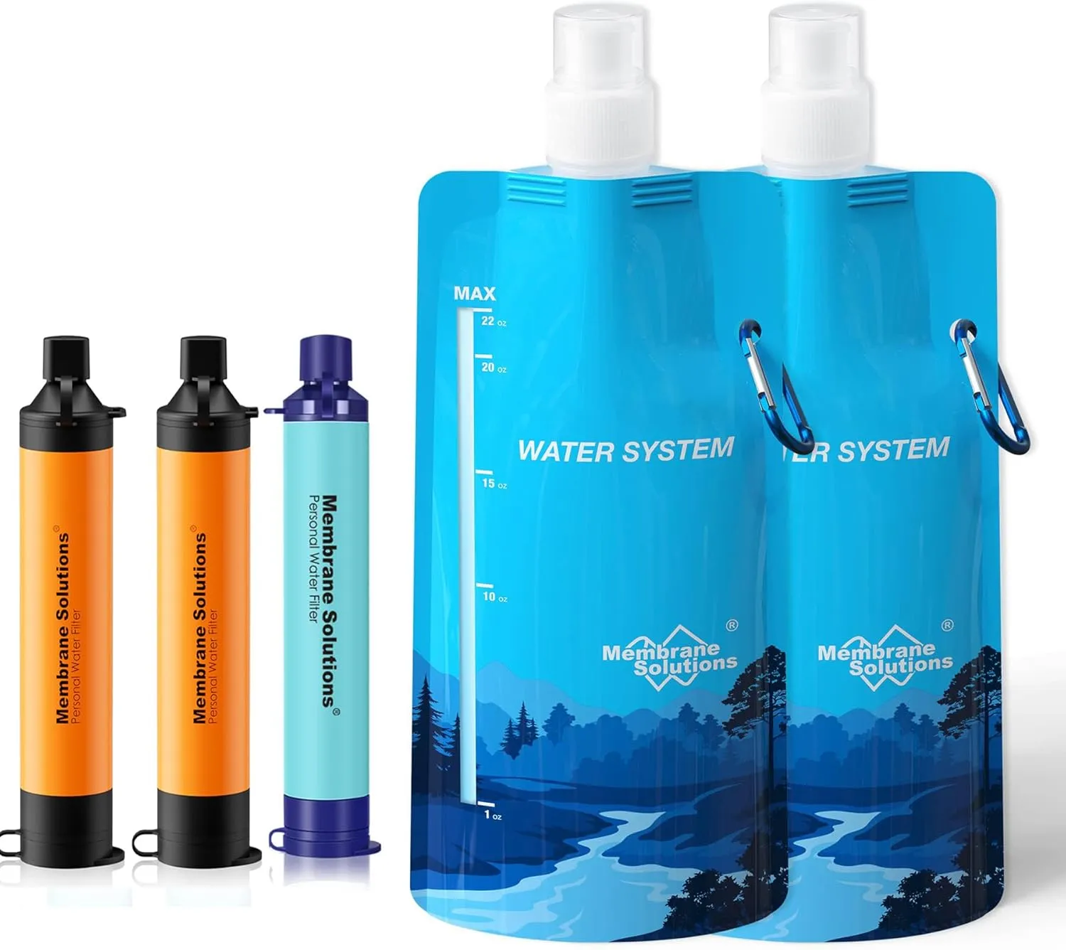 Membrane Solutions Squeezable Water Filtration System, Survival Water Purifier Kit, Portable Backpacking Gear Including Water Filter Straw and 23oz Collapsible Bottle for Hiking Camping Travel(3 2)