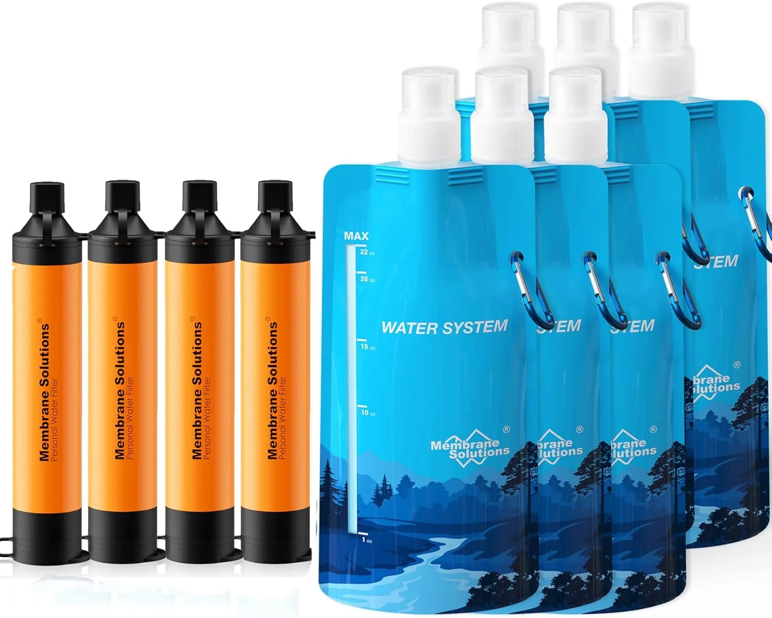 Membrane Solutions Squeezable Water Filtration System, Survival Water Purifier Kit, Portable Backpacking Gear Including Water Filter Straw and 23oz Collapsible Bottle for Hiking Camping Travel(4 6)