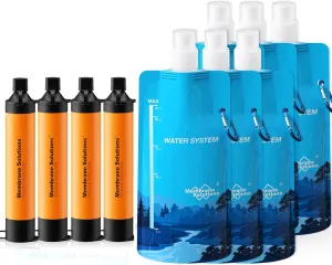 Membrane Solutions Squeezable Water Filtration System, Survival Water Purifier Kit, Portable Backpacking Gear Including Water Filter Straw and 23oz Collapsible Bottle for Hiking Camping Travel(4 6)