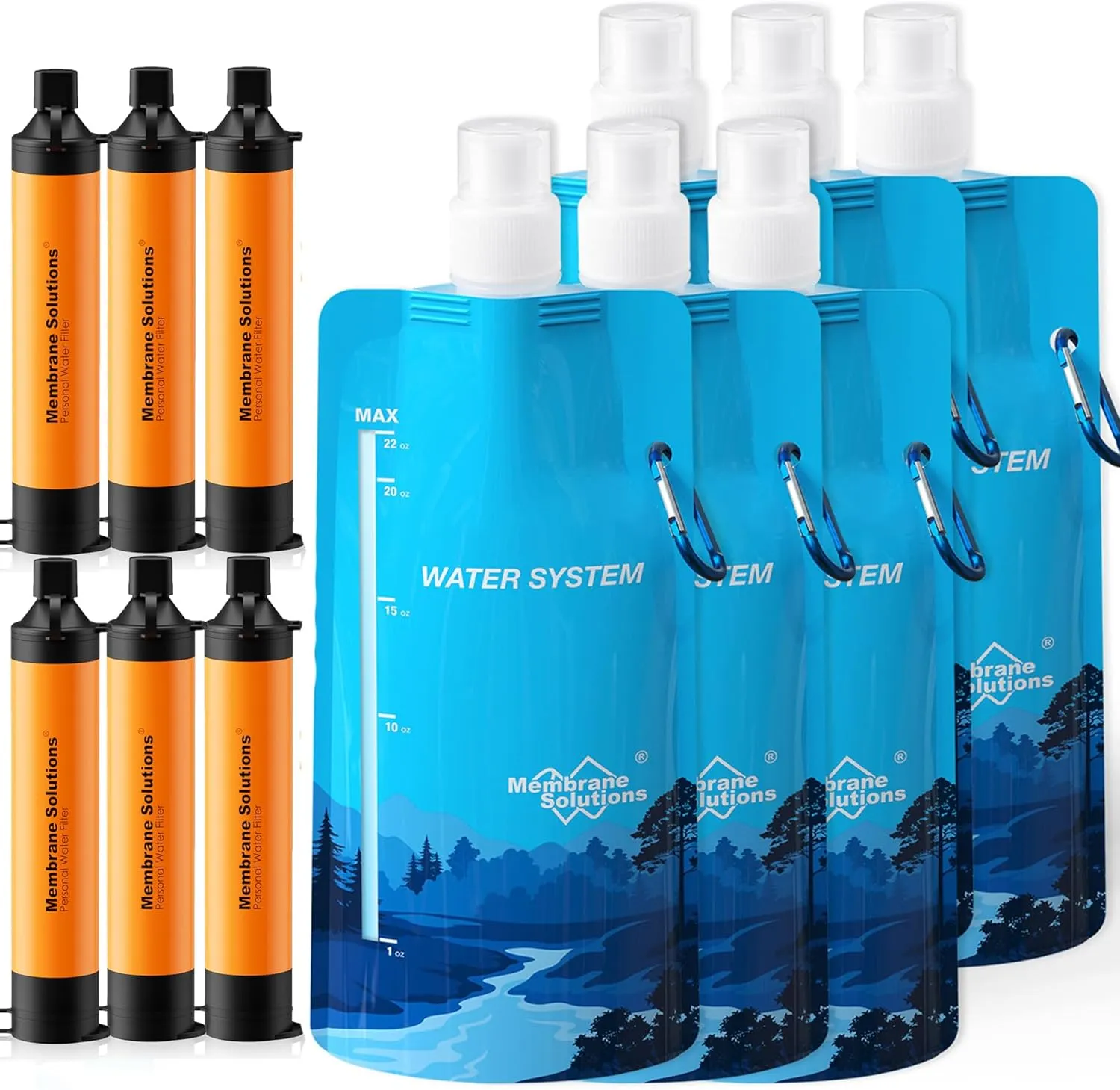Membrane Solutions Squeezable Water Filtration System, Survival Water Purifier Kit, Portable Backpacking Gear Including Water Filter Straw and 23oz Collapsible Bottle for Hiking Camping Travel(6 6)