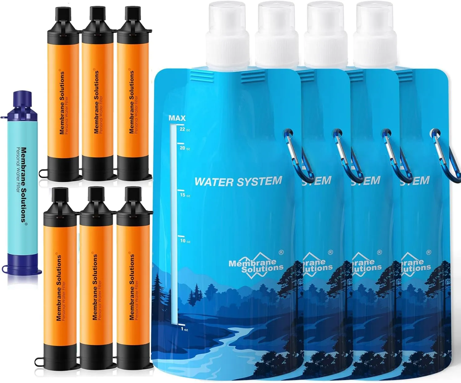 Membrane Solutions Squeezable Water Filtration System, Survival Water Purifier Kit, Portable Backpacking Gear Including Water Filter Straw and 23oz Collapsible Bottle for Hiking Camping Travel(7 4)