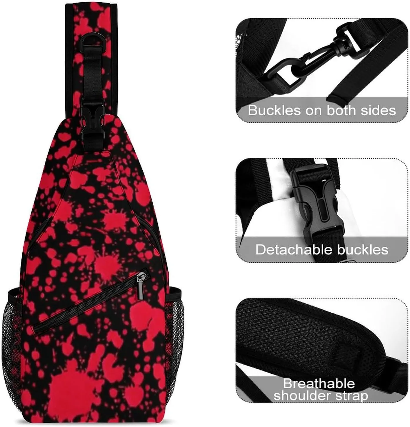 Men Sling Backpack Collapsible Durable Shoulder Crossbody Bag Chest Pack - Classic Horror Blood Splatter Black Art Anti-Theft Multipurpose Daypack Bag With Adjustable Shoulder Strap