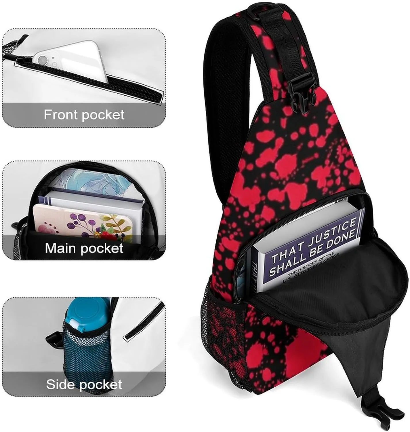 Men Sling Backpack Collapsible Durable Shoulder Crossbody Bag Chest Pack - Classic Horror Blood Splatter Black Art Anti-Theft Multipurpose Daypack Bag With Adjustable Shoulder Strap