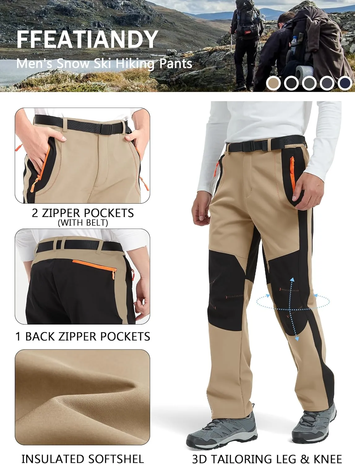 Men's Hiking Snow Ski Pants Softshell Fleece Lined Winter Water Repellent Outdoor Fishing Cargo Pants