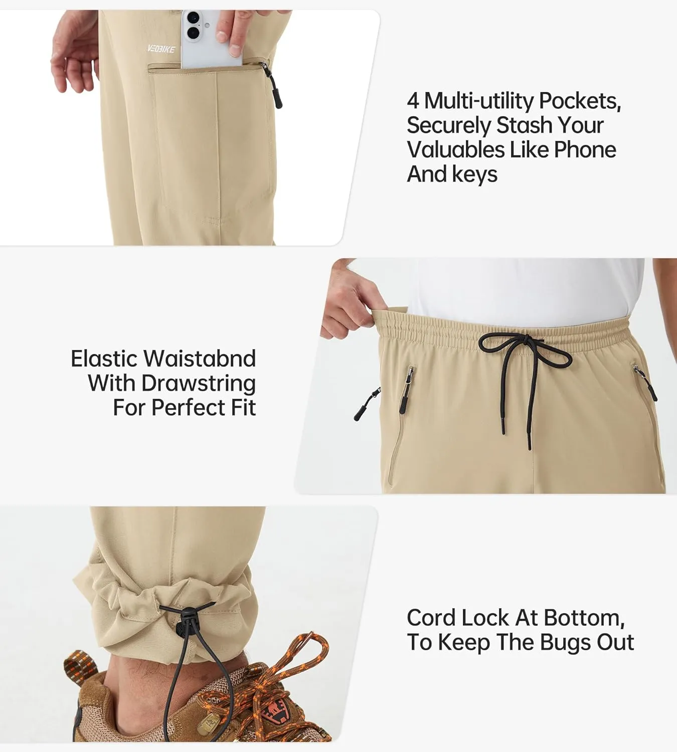 Mens Stretch Hiking Pants Cargo Quick Dry Lightweight Water Resistant Outdoor Fishing Pants Adjustable Bottom Pockets