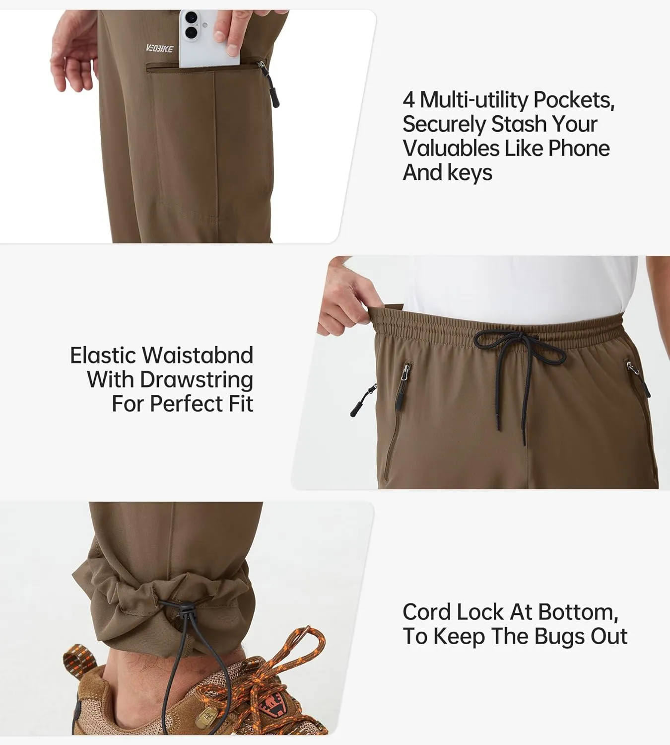 Mens Stretch Hiking Pants Cargo Quick Dry Lightweight Water Resistant Outdoor Fishing Pants Adjustable Bottom Pockets