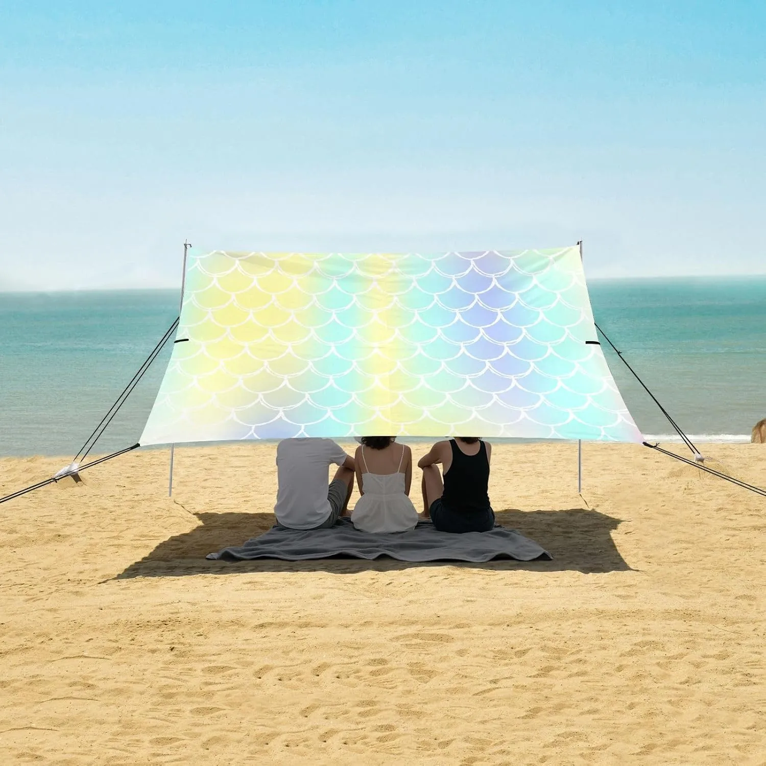 Mermaid Gradient Scales Beach Canopy Tent Anti-UV & Wind Resistant, Glitter Sparkles Camping Sun Shelter Easy Setup Portable,Outdoor Shade Tents with Sandbags,Sand Shovels,Ground Pegs & Stabilit