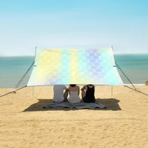 Mermaid Gradient Scales Beach Canopy Tent Anti-UV & Wind Resistant, Glitter Sparkles Camping Sun Shelter Easy Setup Portable,Outdoor Shade Tents with Sandbags,Sand Shovels,Ground Pegs & Stabilit