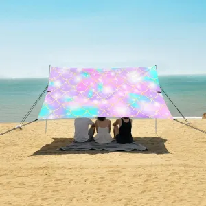 Mermaid Scale Rainbow Beach Canopy Tent Anti-UV & Wind Resistant, Glitter Sparkles Camping Sun Shelter Easy Setup Portable,Outdoor Shade Tents with Sandbags,Sand Shovels,Ground Pegs & Stability