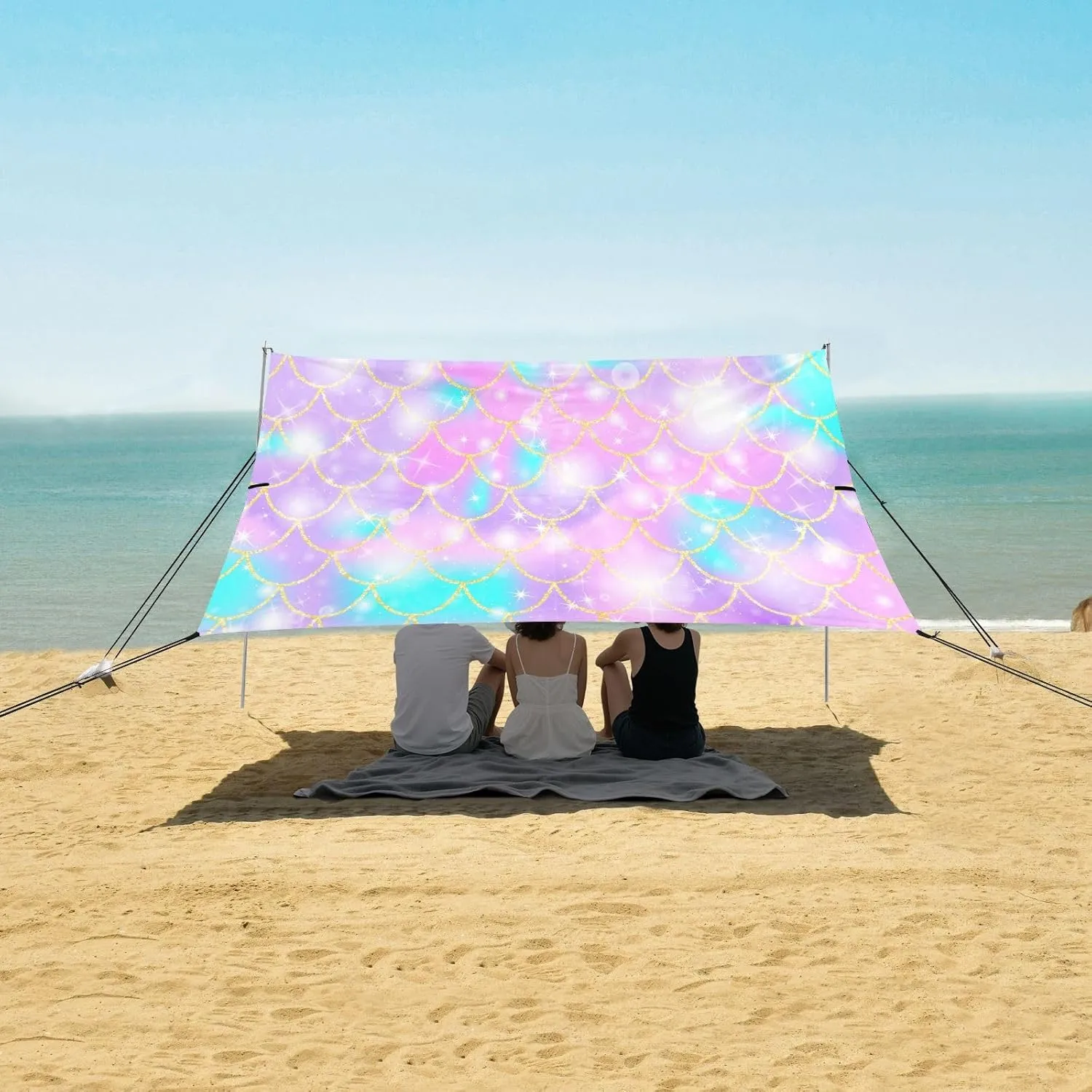 Mermaid Scale Rainbow Beach Canopy Tent Anti-UV & Wind Resistant, Glitter Sparkles Camping Sun Shelter Easy Setup Portable,Outdoor Shade Tents with Sandbags,Sand Shovels,Ground Pegs & Stability