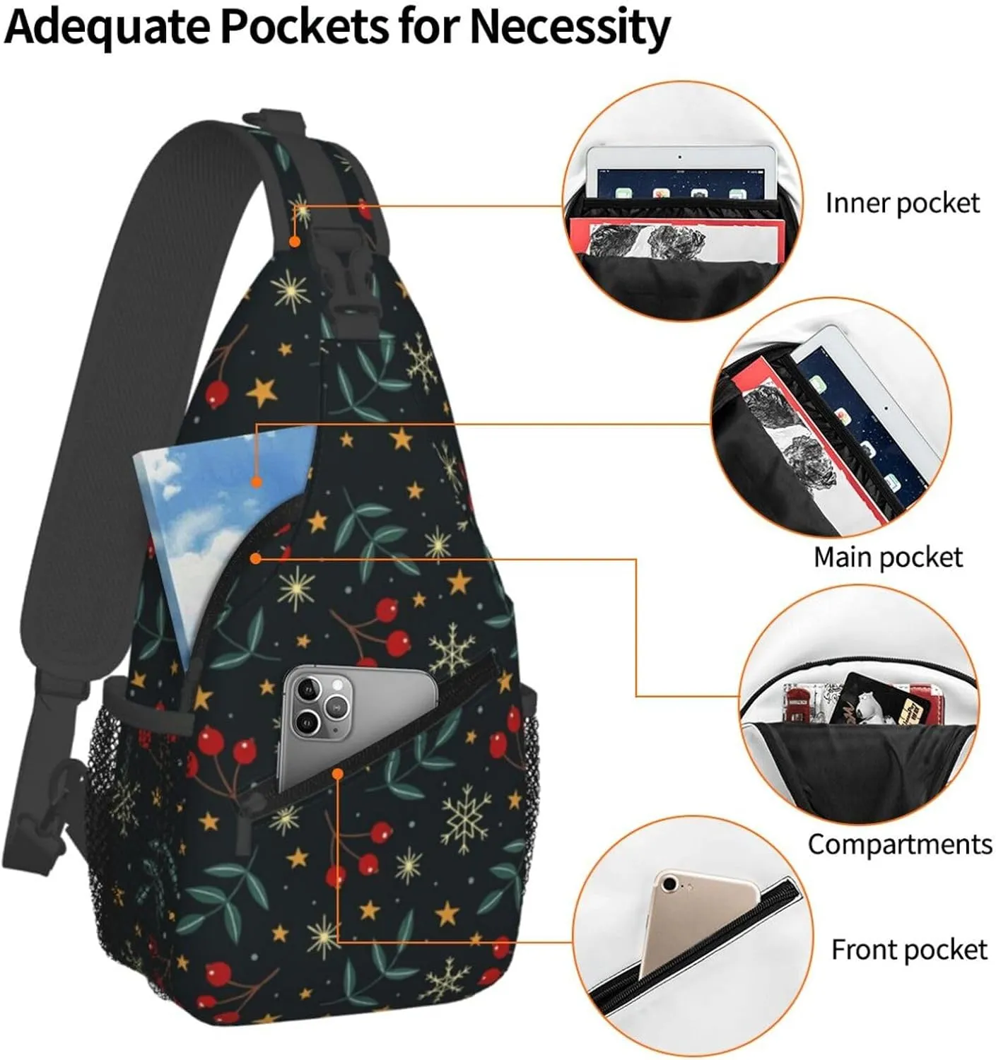 Merry Christmas Sling Backpack,Christmas Snowflake Crossbody Shoulder Backpack Adjustable Sling Bag for Men Women