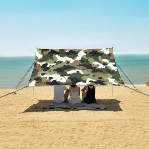 Military Green Camouflage Beach Canopy Tent Anti-UV & Wind Resistant, Camping Sun Shelter Easy Setup Portable,Outdoor Shade Tents with Sandbags,Sand Shovels,Ground Pegs & Stability Poles