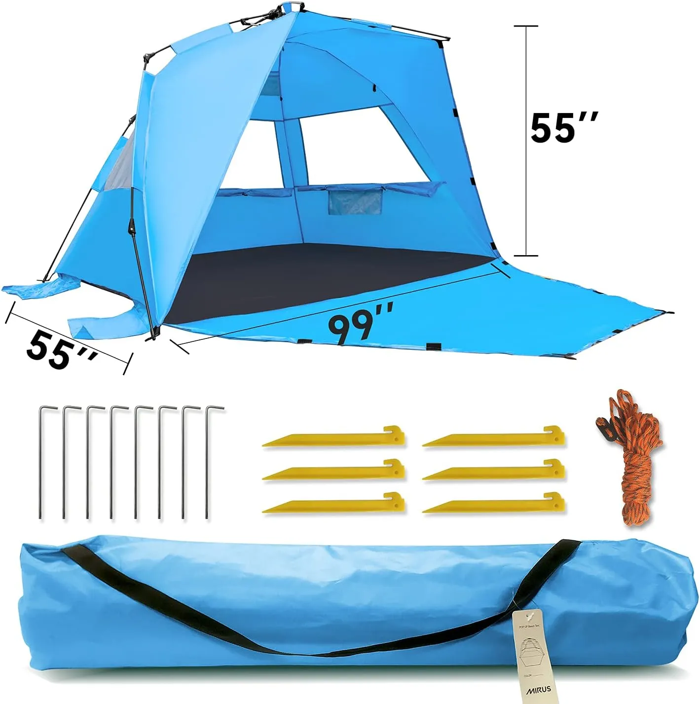 MIRUS Pop Up Beach Tent, Deluxe XL Sun Shade Shelter for 3-4 Person with UPF50  Protection, Extendable Floor & 3 Ventilating Windows Carrying Bag Stakes and Guy Lines