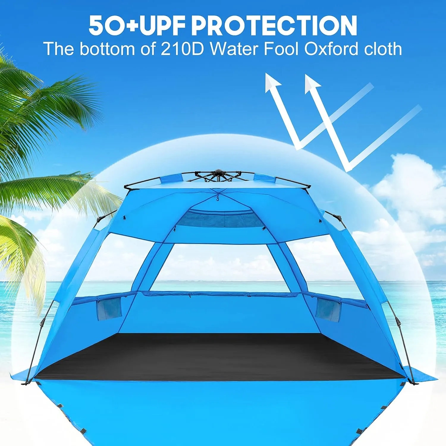 MIRUS Pop Up Beach Tent, Deluxe XL Sun Shade Shelter for 3-4 Person with UPF50  Protection, Extendable Floor & 3 Ventilating Windows Carrying Bag Stakes and Guy Lines