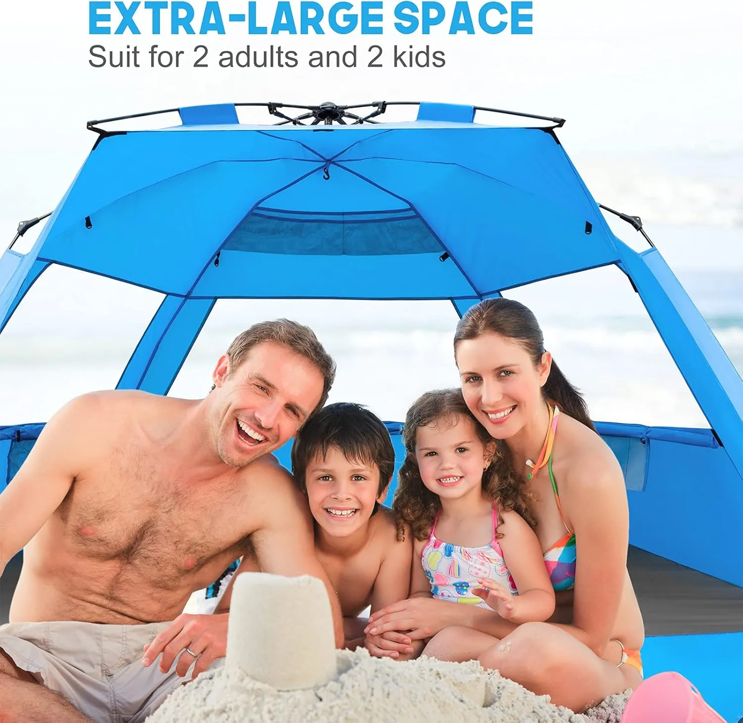 MIRUS Pop Up Beach Tent, Deluxe XL Sun Shade Shelter for 3-4 Person with UPF50  Protection, Extendable Floor & 3 Ventilating Windows Carrying Bag Stakes and Guy Lines