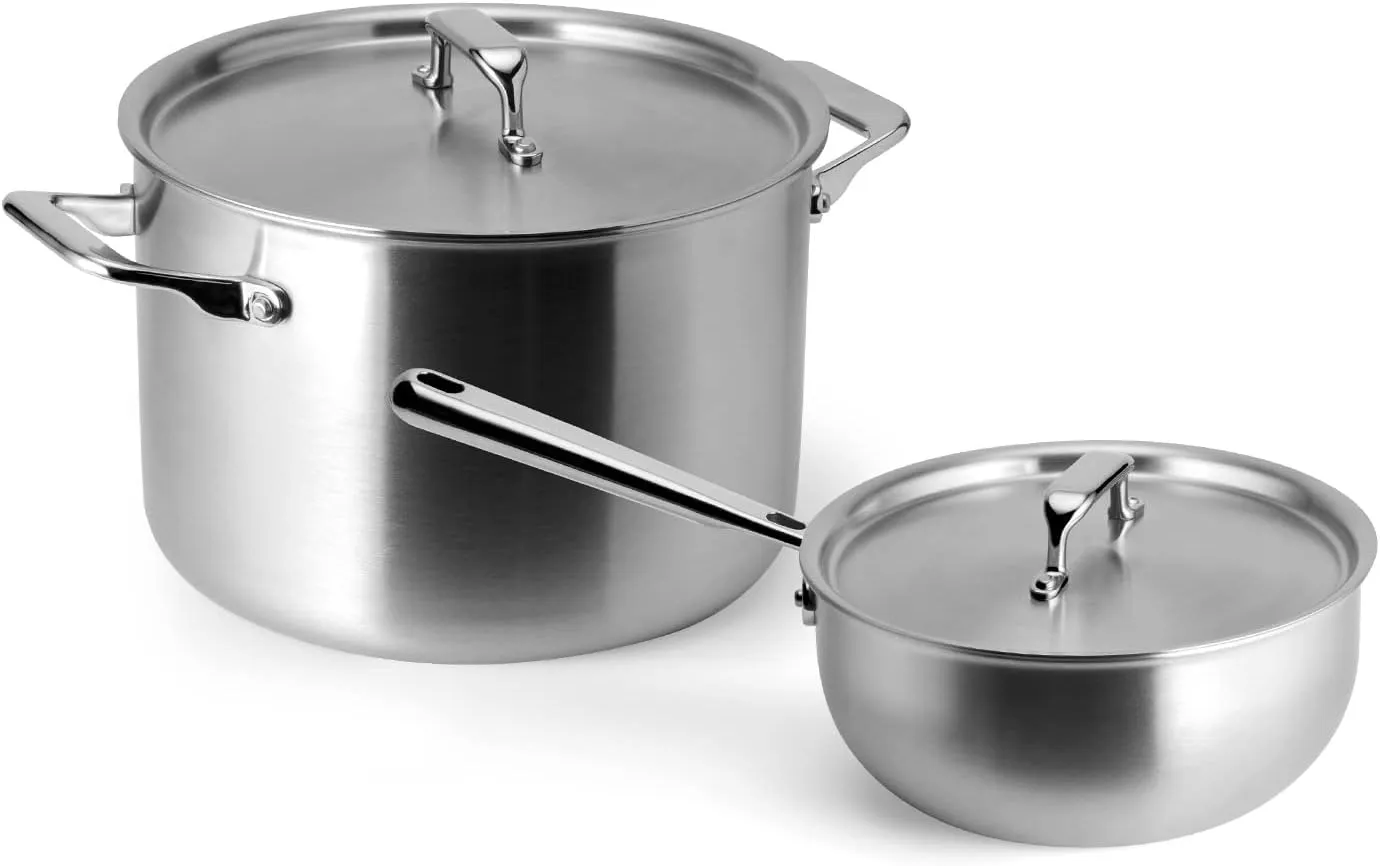 Misen 5-Ply Stainless Steel Cookware Set - Versatile, Dishwasher Safe - 9-Piece Set - 10" Skillet, 12" Skillet   Lid, 3 QT Saute Pan   Lid, 3 QT Saucier   Lid, 8 QT Stockpot   Lid